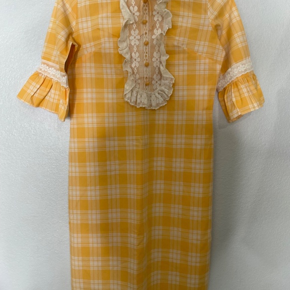 Vintage 1979’s Plaid And Lace Dress / Prairie Cottage Core Dress/white & orange - Picture 2 of 7